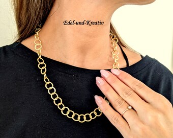 Gold chain, matt brushed rings, gold-plated necklace, statement chain, short gold chain, small gold rings, elegant link chain, bubbles, necklace, NEW