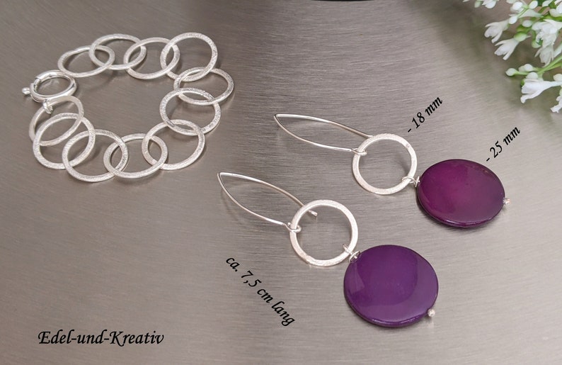 pendientes morados de plata, 75 mm de largo, anillos de plata, violeta, ganchos para las orejas de plata 925, anillo de plata cepillado mate, inusual, pendientes de piedras preciosas violetas imagen 5