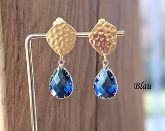 Orecchini a clip placcati in oro, orecchini colorati, senza fori alle orecchie, orecchini pendenti, clip in oro, Swarovski, eleganti orecchini a clip, fatti a mano, senza fori alle orecchie, oro opaco, blu