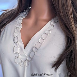 long silver chain, unusual, silver-plated necklace, link chain, large rings, modern eyelet chain, ring elements, gift, wrap chain, matte silver