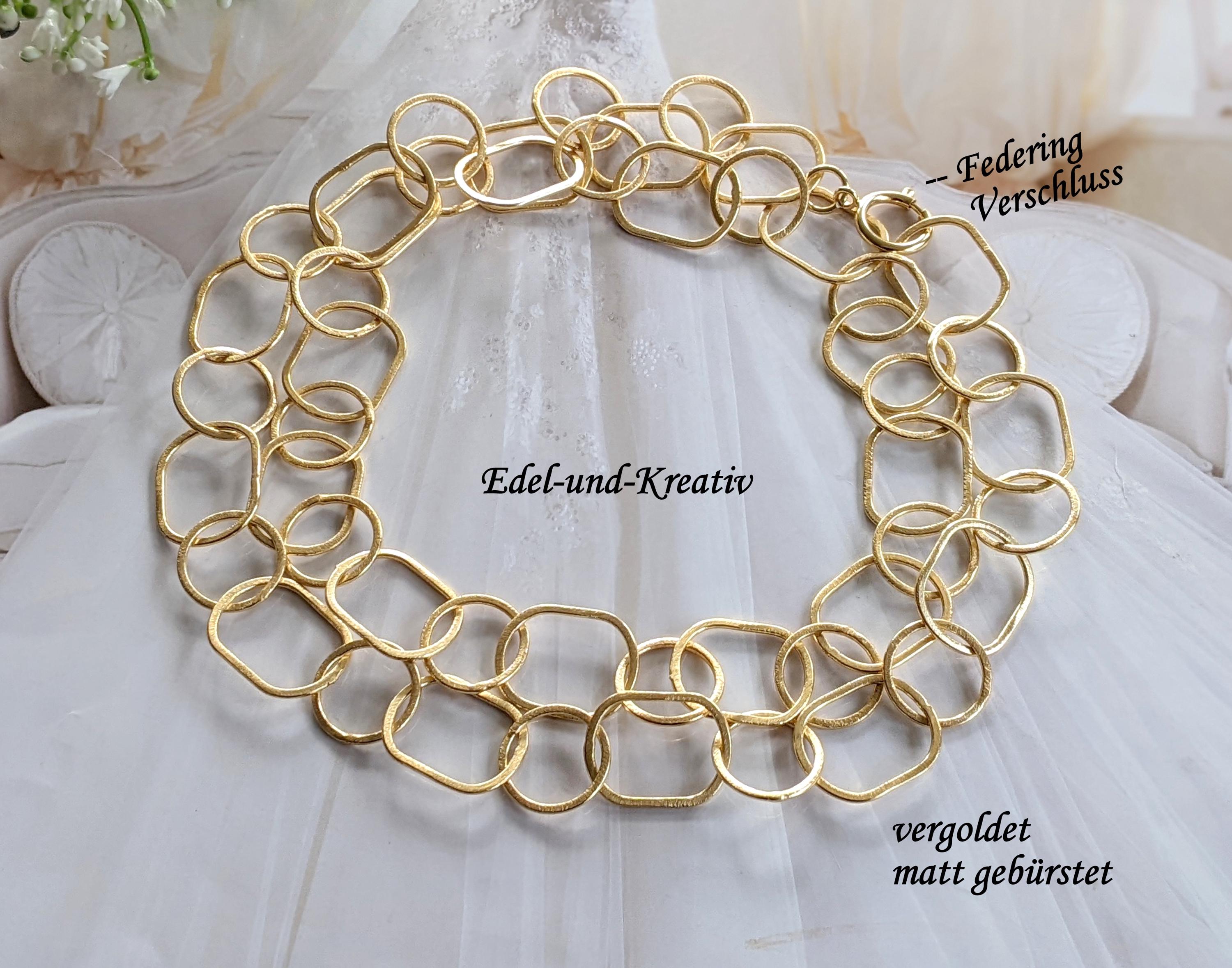 Extravagant gold chain, large gold rings, matte brushed rings, eyelet chain, necklace with gold rings, geometric, avant-garde, jewelry set, long chain