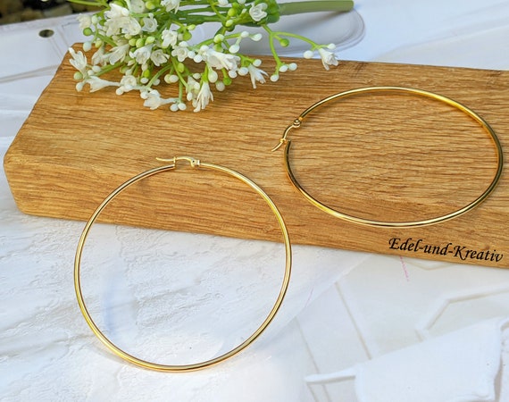 XL Gold Hoop Earrings, 7 Cm, 18K Gold-plated Stainless Steel, Thin