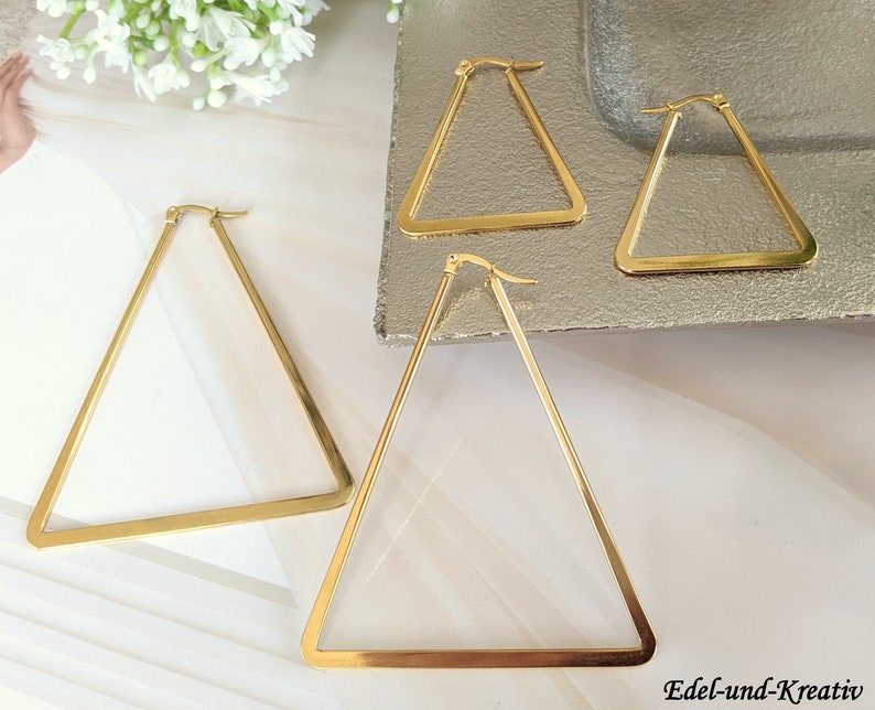 Creolen Gold Dreieck,7 oder 4cm,vergoldetes Edelstahl,eckig,Hexagon,geometrisch,triangle,Edelstahl Schmuck,Trend,XXL Ohrhänger,große Creolen Bild 9