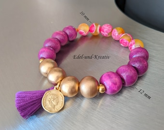 Armband pink gold,Achatperlen+Holzperlen,Magenta,Armband elastisch,Seidenquaste,Naturstein Armband,Münze vergoldet,sonnengelb-pink,lila gold