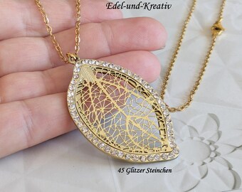 Long gold chain, matt gold leaf with 45 stones, gold-plated stainless steel, glitter pendant XL, necklace, statement, long chain for sweater, gift