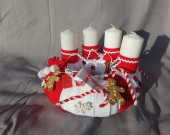 Adventskranz, Weihnachtskranz, Kranz, rot-weiß, Vintage, Shabby chic