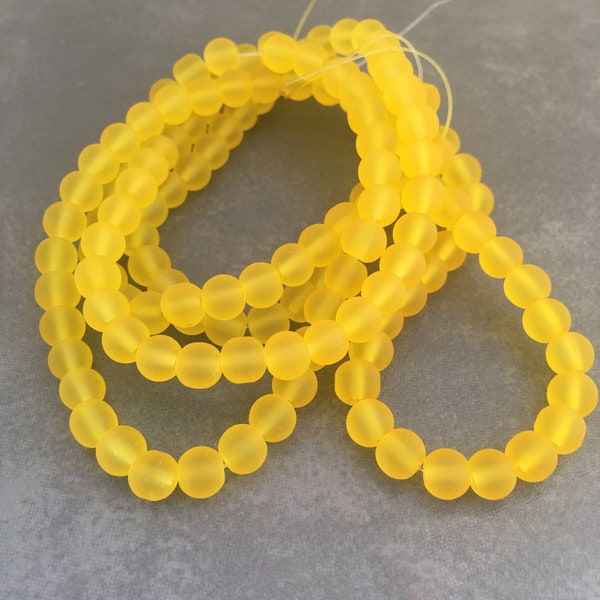 6mm Honey Yellow frosted glass beads - 135 pieces per strand - Loose jewellery making bead - Round transparent beads - 80cm strand