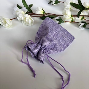 Pouch con cordoncino viola, sacchetto regalo tessuto di lino juta lavanda 13x9cm, 5pz