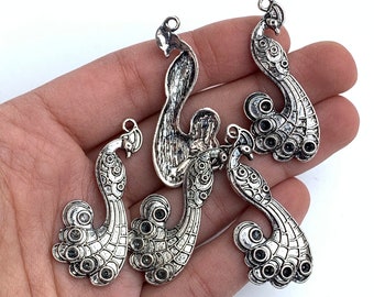 5 colgantes de pájaro de plata, pavo real de metal antiguo, colgante largo, 43 mm x 18 mm, colgantes para hacer joyas con abalorios de pájaros DIY