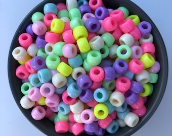 Plastic Pony Beads 9x6mm Mixed Pastel Colour Bead Kids Craft Bead 3.8mm Hole 100pcs