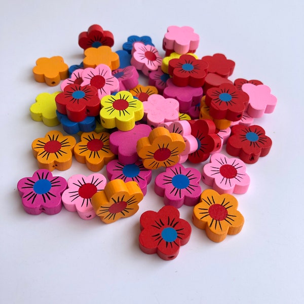 Wooden Floral Beads Flower Petal Bead 20mm Mixed Multi Colour Beads Children Craft DIY Jewellery Bead 25pcs