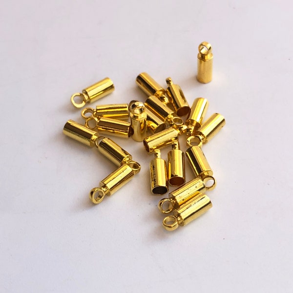 25X Gold Cord End, Brass Metal End Caps, Cord Ends for 2mm Strings, Glue In Caps