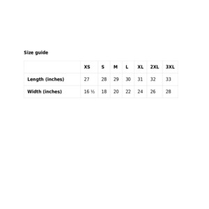 Puede incluir: Tabla de tallas para ropa con medidas en pulgadas. La tabla muestra las tallas XS a 3XL con las medidas de longitud y ancho correspondientes.