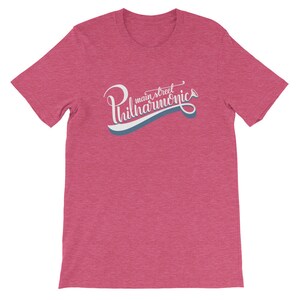 May include: A heather pink t-shirt with a white and blue graphic that says "main street philharmonic" in a retro font.