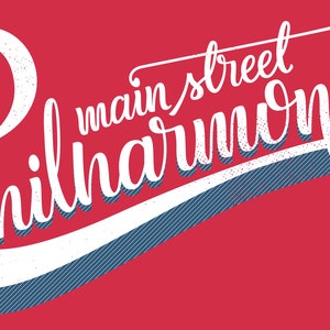 May include: White text on a red background reads "main street philharmonic" with a stylized trumpet graphic.