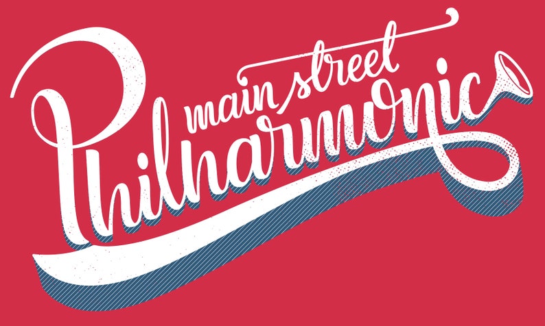 May include: White text on a red background reads "main street philharmonic" with a stylized trumpet graphic.
