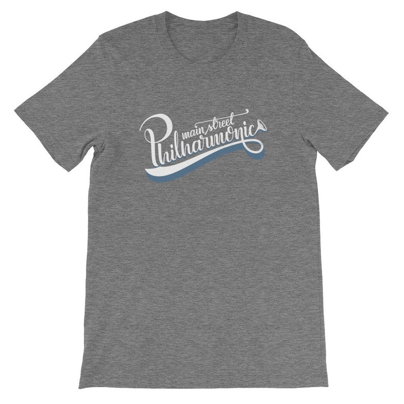 May include: Gray t-shirt with a white graphic that says "Main Street Philharmonic" in a stylized font with a blue trumpet graphic.