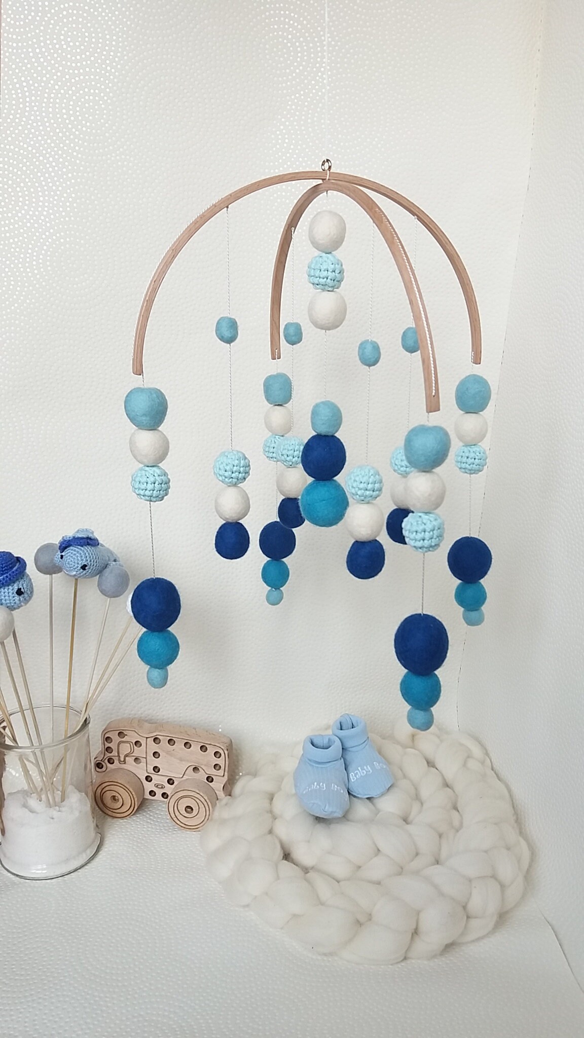 Blue Crib Baby Mobile. Gift for Baby Boy. Baby Mobile of Wool Balls and