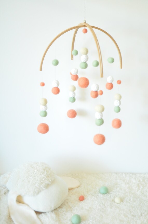 Coral Olive White Felt Balls Baby Crib Mobile Handmade Baby Etsy