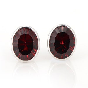 Bezel Set Natural Red Garnet Oval Shape Studs in 14KT Solid White Gold I Love You Written Gold Studs, January Birthstone Gold Studs