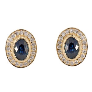 14k solid yellow gold studs set with blue sapphire and diamonds in Bezel setting, fine sapphire earrings, halo gold studs