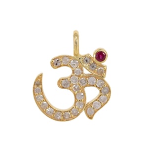 Colgante con dije de yoga OM / Colgante con dije de piedra rubí y diamante natural, dijes para pulseras / hallazgos para collares / dijes de oro de 14 k