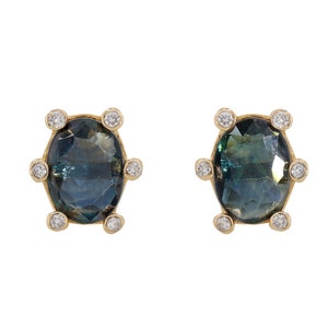 Natural Earth Mined Blue Sapphire Earrings Studs in Oval 8.5mm Secured Back in 14k Gold Bezel Set Diamond Studs for Everyday Wear!