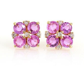 Pink Sapphire Earrings in 14K Yellow Gold, Diamond Earrings, Dainty Gold Stud Earrings, Duel Stone Earrings, Pink Sapphire Studs