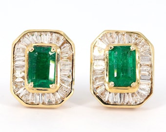 14K Solid Yellow Gold Earrings, Natural Emerald & Tapered Cut Diamond Earrings, Elegant Gold Earrings, Diamond Earrings For Her