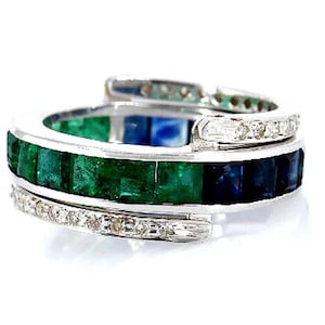 925 Silver Band, Magical Ring, Flipping Diamond Band, Full Eternity Band, Adjustable Stacking Ring, Emerald  Sapphire Combined Stone Ring