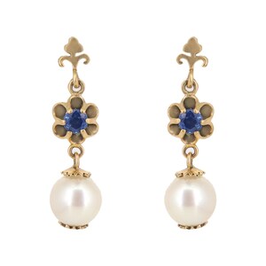 Natural Gemstone Dangling Earrings in 9k Solid Yellow Gold, One of a kind Earrings For Her, Blue Sapphire & Pearl Gemstone Earrings