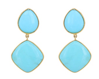 18k Solid yellow Gold hanging earrings in bezel setting with Turquoise, Gold bezel earrings, dangling earrings in turquoise