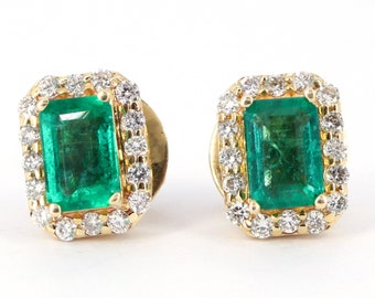 14K Solid Yellow Gold Earrings, Natural Emerald & Diamond Earrings, Elegant Gold Earrings, Diamond Earrings For Her, Rectangle Shape Studs