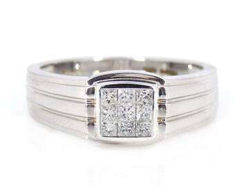 Unsichtbarer Diamantring im Princess Cut, 18K Weissgold Diamantring für Ihn, Diamant Ehering
