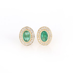 Emerald Stud Earrings, Diamond & Emerald Earrings in 14k Solid Yellow Gold, Earrings For Women, Diamond Halo Set Gold Studs