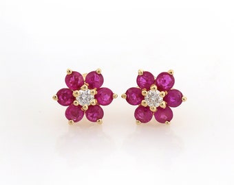 Natural Ruby Earrings / Solitaire Diamond and Ruby Stud Earrings in 14k Gold / Flower Design Ruby and Diamond Earrings / July Birthstone