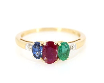 14K Solid Yellow Gold Multi Stone Ring, Colorful Gemstone Ring, Natural Ruby Emerald Blue Sapphire & Diamond, Precious Stone Rainbow Band