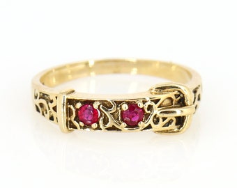 Antique Ruby Buckle Ring Vintage Style 9k Solid Yellow Gold Ring, Old Filigree Design Ruby Cocktail Ring · Gold Gemstone Ring · Unisex Ring