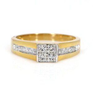 Princess Cut Center Diamond Round Cut Diamond Ring Band in 18k Solid Yellow Gold 0.62 Carat Men&#39;s Gold Diamond Ring