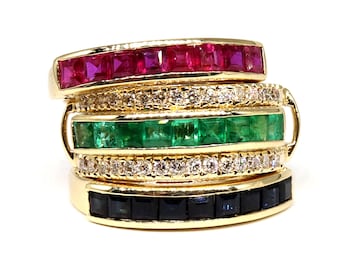 14k Gold Gemstone Stacking Ring, Ruby, Emerald, Sapphire, and Diamond
