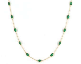 18k Gold Emerald Chain Necklace, Handmade Dainty Gemstone Necklace, 18 inch