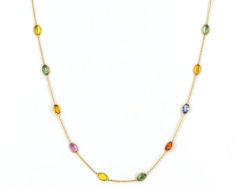 18k Solid Gold Chain Necklace - Faceted Multi Sapphire Stone Gold Necklace - Gold Necklace For Women - Oval Cut Natural Gemstone