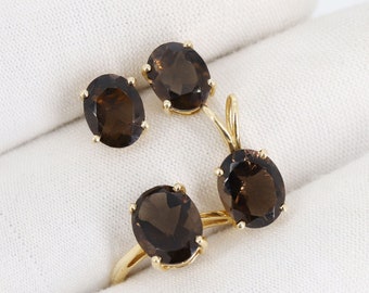 Faceted Smoky Quartz Studs or Necklace Set, 14k Solid Yellow Gold Jewelry, Smoky Quartz Ring, Minimalist Style, Gift for Her, Quartz Jewelry