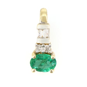 14k Solid Yellow Gold Oval cut Emerald and Baguette Round cut Diamond Pendant, Emerald Pendant with Diamonds Gift For Her