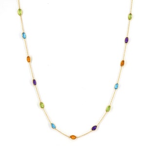 18k yellow gold chain necklase bezel set with amethyst, citrin, blue topaz, peridot gem stones. Multi colour chain in gold, gold chain 18”.