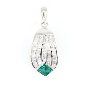 14k Solid White Gold Princess cut 0.54 carat Emerald and Tapered Brilliant Round cut Diamond Pendant, Emerald Pendant with Diamonds
