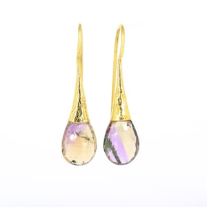 18K Solid Yellow Gold Ametrine Earrings, Statement Dangle Drop Earrings, Bicolor Ametrine Earrings, Purple yellow Ametrine Earrings