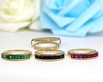 14k Gold Magical Band, Ruby, Emerald, Sapphire and Diamond Magical Ring, Natural Emerald, Sapphire, Ruby Ring, Stacking Ring, Gold Band