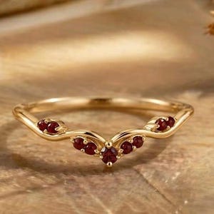 Gold Curved Garnet Wedding Band V Chevron Ruby Stacking Ring Botanical Vine Leaf Curved Guard Band January Birthstone Gift for Her