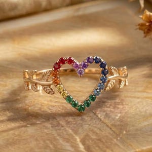 Rainbow Gemstone Heart Ring Gold, Open Heart Leaf Branch Ring, Multi Gemstone Pride Heart Band, Unique Love Jewelry Gift For Her